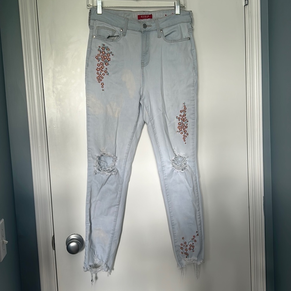 Guess Light-wash Embroidered Floral Detail Raw Hem Jeans